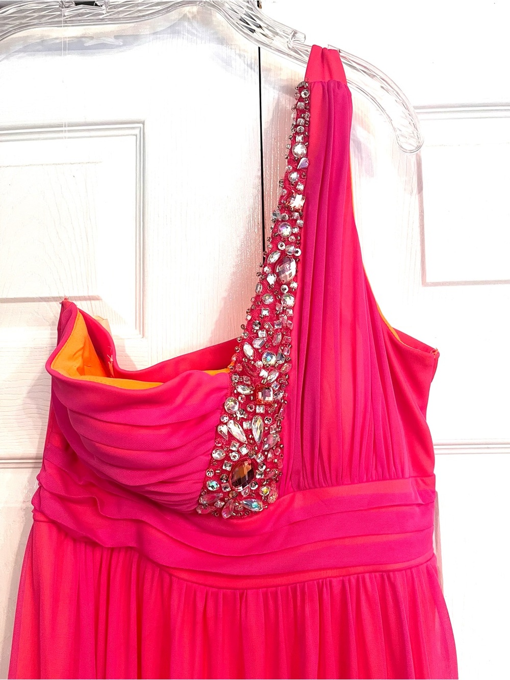 One-Shoulder Hot Pink Evening Dress with Jewel Embellishment